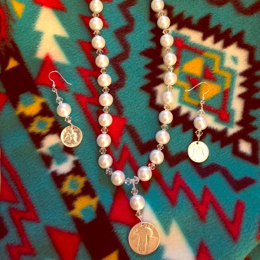 Swarovski & sterling necklace & dime earrings set.